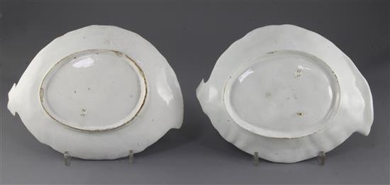 Two Worcester polychrome leaf-shaped dishes, c.1760, 26cm, chips to feet